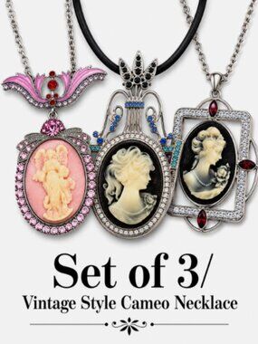 (Set of 3) Lady Pink Angel Cameo Vintage Style Dangle Pendant Chain Necklace Ne